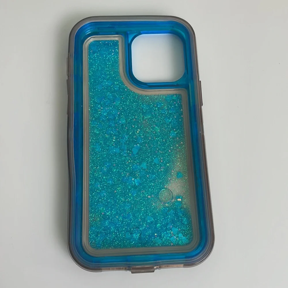 iPhone 13 Promax Cover- Liquid glitter aqua Blue Hearts- durable-